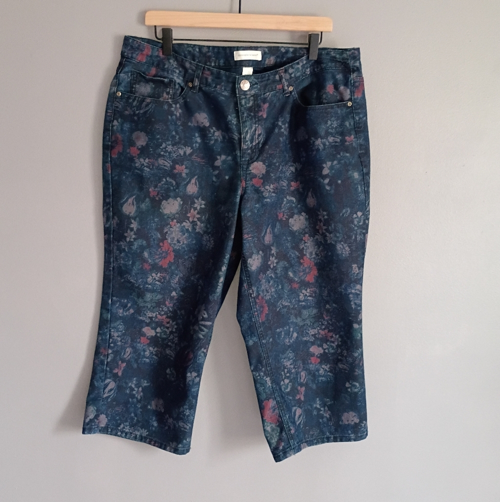 CHRISTOPHER BANKS Size 16 Floral Flower Print Crop Jeans Cotton Blend